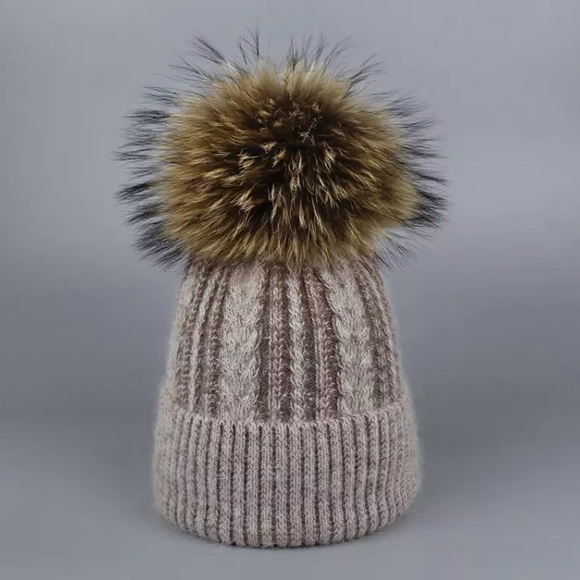 Accessories - Mocha Angora Fur Pompom Cable Knit Beanie